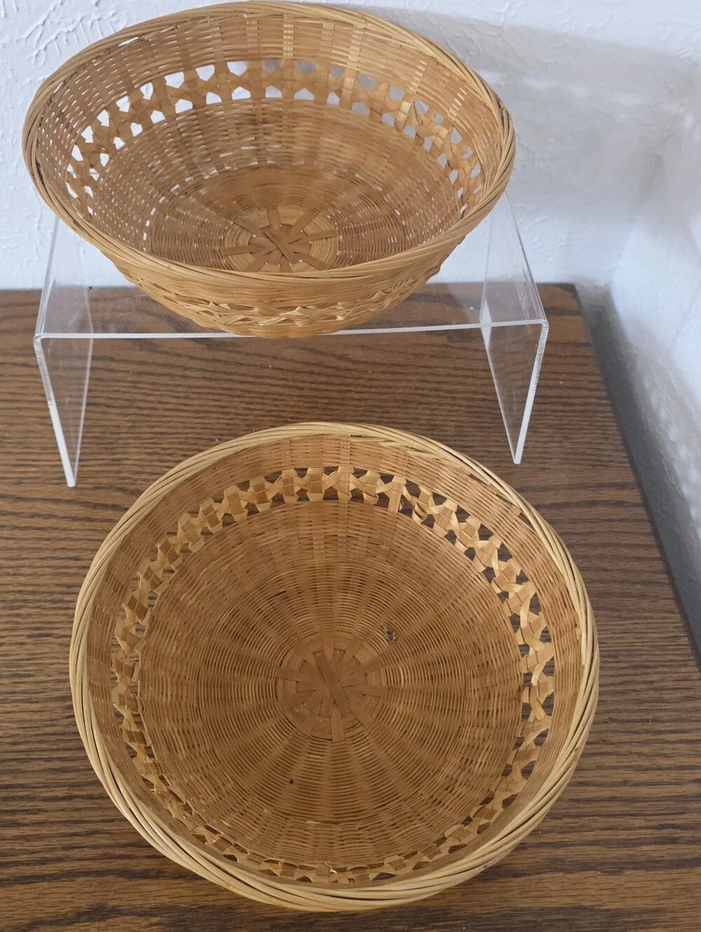 Vintage 1970s Woven Bamboo Basket Bowls Made in PRC Matching Set of Two 9 Inch